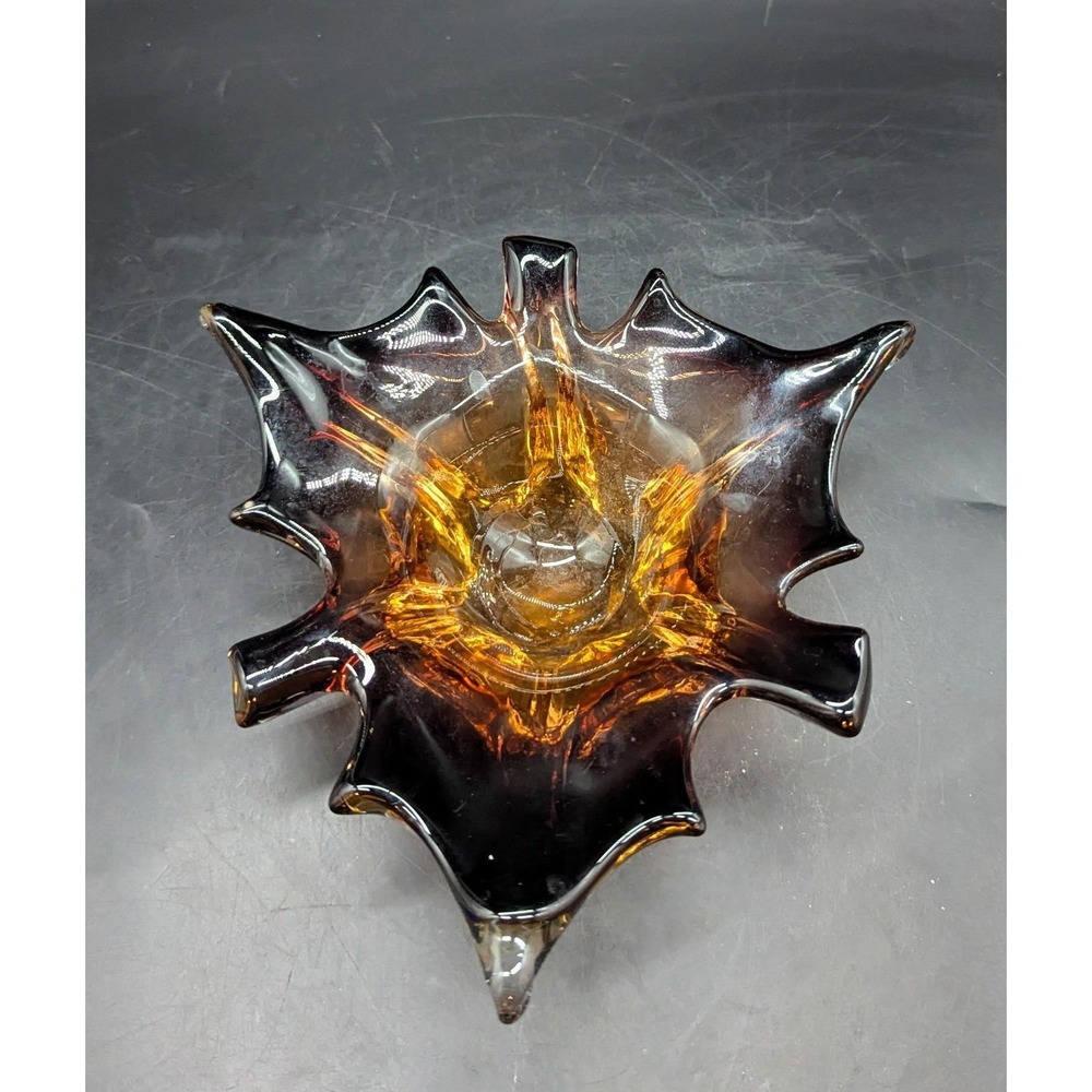 Vintage Murano Art‎ Glass Brown Leaf Candy Dish Bowl 8.5" Venice